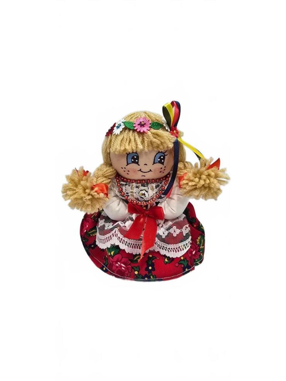 Handcrafted Traditional Folk Doll with Floral Dress and Yarn Hair